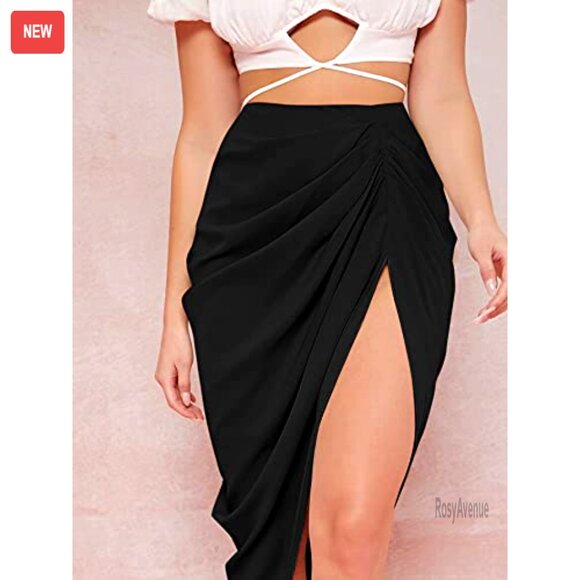 High Waist Satin Midi Skirt with Front Slit Ruched Zip Back Bodycon - Picture 4 of 5